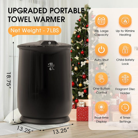 Image of Towel Warmer, Upgraded 20L Capacity Towel Warmers for Bathroom, Luxury Towel Warmer Bucket with Child Safety Lock for Blankets, Bathrobes, Pjs, and More (4 Timer Settings, Auto Shut Off, BLACK)