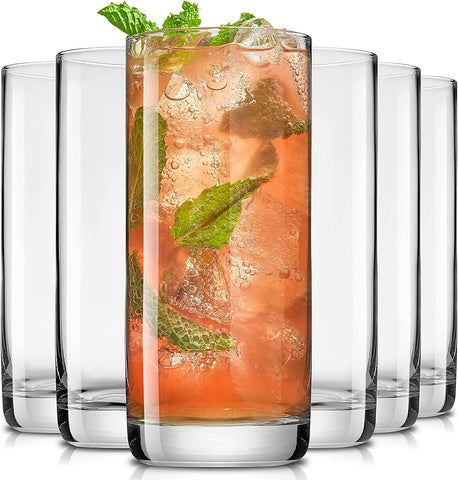 Image of Faye 13Oz Highball Glasses, 6Pc Tall Glass Sets. Lead-Free Crystal Drinking, Water Glasses, Mojito Cups, Tom Collins Bar Glassware, and Mixed Drink Cocktail Glass Set