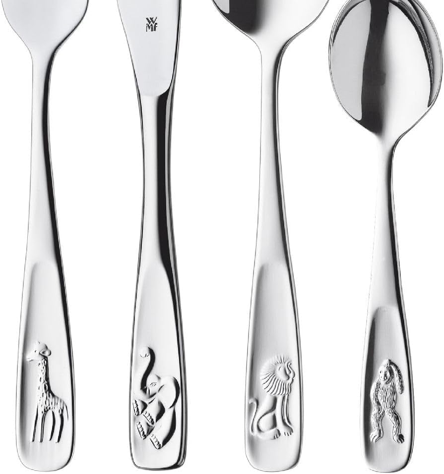 Pignr Animals Children'S Cutlery, 4-Piece, from 3 Years, Cromargan Polished Stainless Steel, Dishwasher-Safe in a Gift Box with General Illustration, 4Pcs, Silver