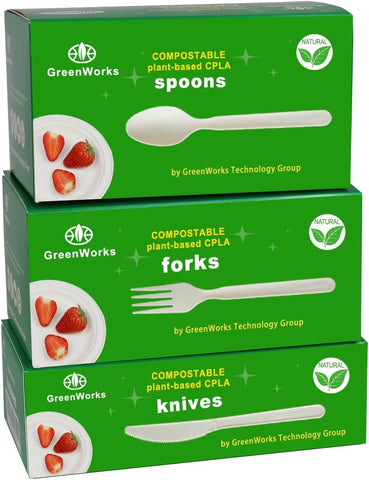 Image of 300 Count 7" Heavy-Duty Compostable Cutlery Set,100 Forks 100 Spoons 100 Knives,Bpi Certified Large T Disposable Bio-Based Cutlery