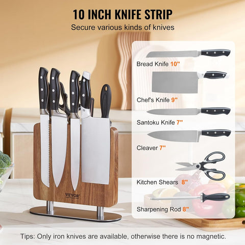 Image of Magnetic Knife Block, 10 Inch Home Kitchen Knife Holder, Double Sided Magnetic Knife Stand, Multifunctional Storage Acacia Wood Knives Rack, Cutlery Display Organizer for Knives, Utensils, Tools