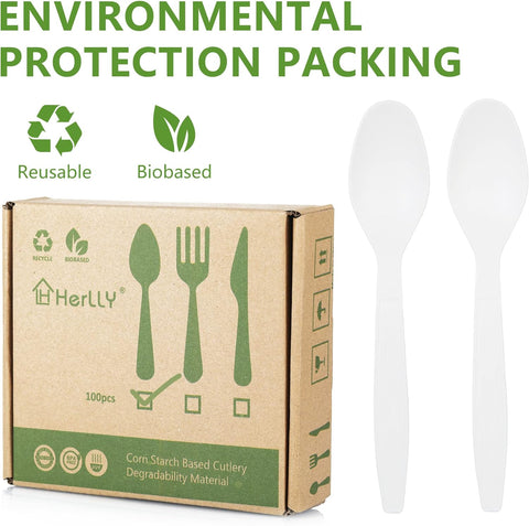 Image of Compostable Spoon,100 Biodegradable Silverware for Party,Large Disposable Utensils Eco Friendly Durable and Heat Resistant,Alternative to Plastic Spoon