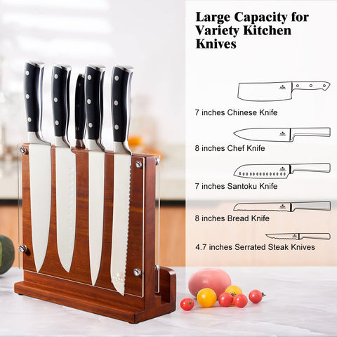 Image of Magnetic Knife Block with Acrylic Shield, Double Side Kitchen Knife Holder without Knives- Acacia Wood Universal Knife Storage Organizer with Powerful Magnet for Kitchen Counter