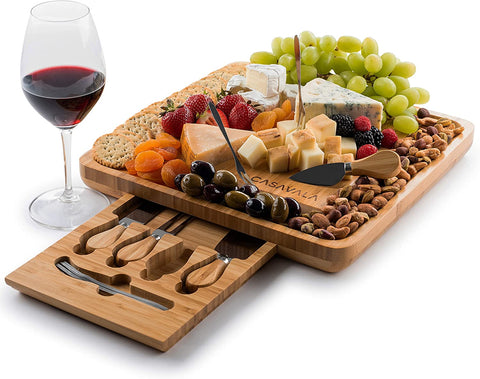 Image of Bamboo Cheese Board Set - Includes 4 Cheese Knives & 10 Cheese Forks- Charcuterie Board Set, Fruit, Cured Meat Serving Platter with Drawer- Ideal for Parties & Events