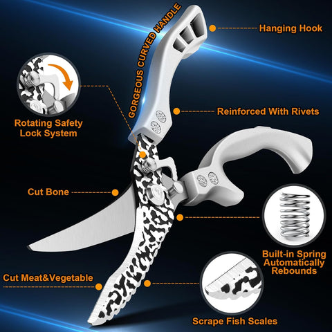 Image of Poultry Shears, Multipurpose Stainless Steel Heavy Duty Kitchen Scissors with Serrated Edge for Bone, Chicken, Meat, Fish, Turkey, Vegetables, Barbecue Scissors