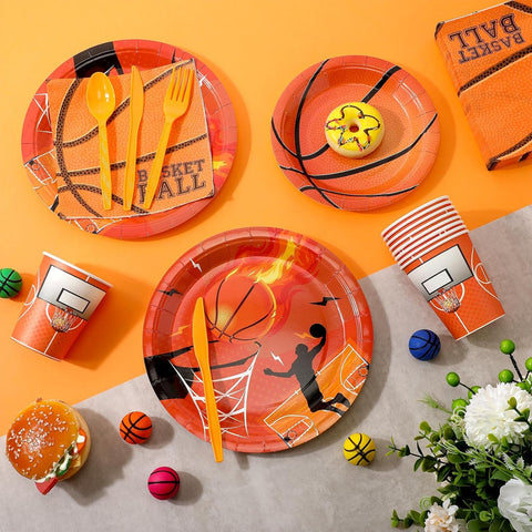 Image of 350 Pcs Sports Party Supplies Set Include 100 Paper Plates 50 Cups 50 Napkins 50 Forks 50 Plastic Spoons 50 Knives Serves 50 for Kids Party Birthday Decorations (Basketball)