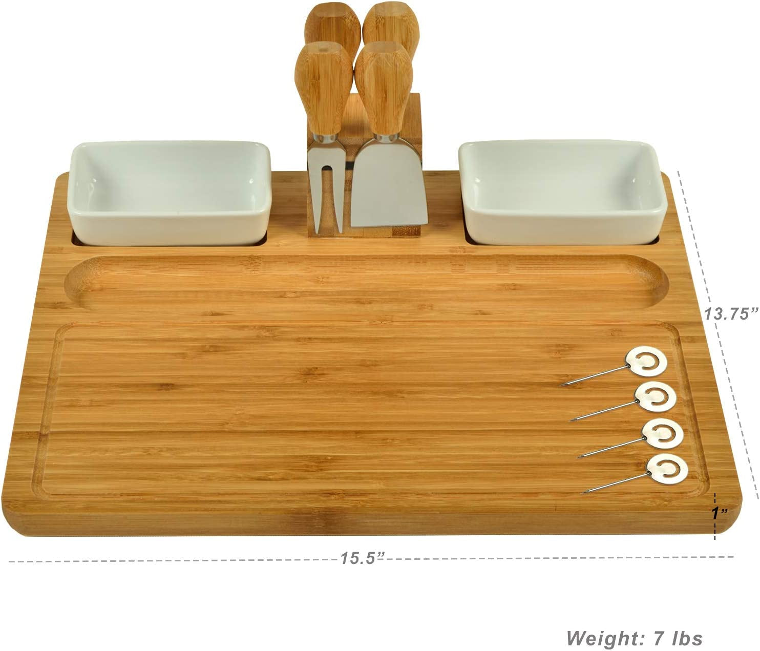 Large Bamboo Cheese Board/Charcuterie Platter with 4 Stainless Steel Tools, 2 Ceramic Trays & Cheese Markers -16" X 13"- Designed & Quality Checked in USA
