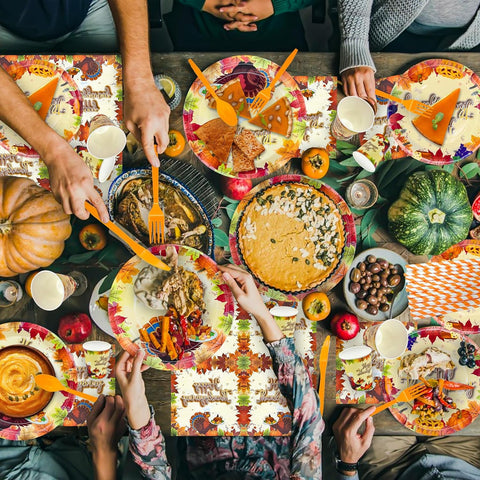 Image of 240Pcs Thanksgiving Party Supplies Disposable Dinnerware Set Include Paper Plates Dessert Plates Napkins Forks Knives Spoon Cups Straws Turkey Themed Thanksgiving Dinner Decorations,Serves 30
