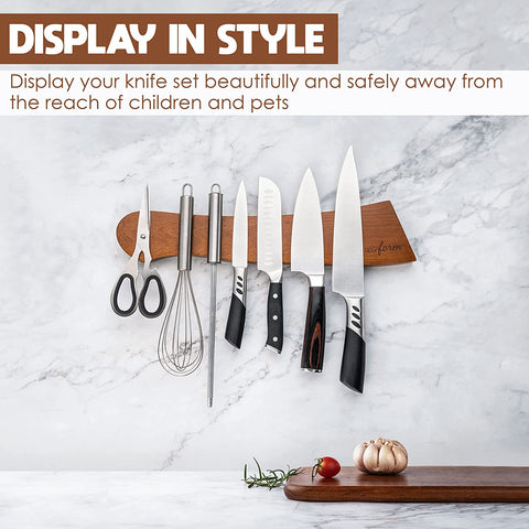 Image of Magnetic Knife Holder for Wall No Drill - 16" Wooden Knife Magnetic Strip No Drilling Option W/Adhesive Backing & Drilling Hardware | Magnetic Knife Strip | Kitchen Knife Organizer Rack -Light Brown