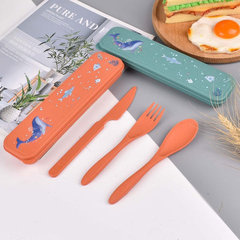 Image of Reusable Utensil Set with Case, 2 Sets Travel Cutlery Set, Wheat Straw Fork Knife Spoon Set, Portable Utensils Set for Camping Picnic Party Work Lunch (Sea Island Cartoon Pattern Design) (Style 2)