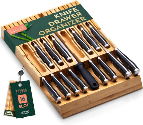 Image of High-Grade 100% Bamboo Knife Drawer Organizer - 16 Knife Slots plus a Sharpener Slot, Knife Organizer for Kitchen Organization, Durable, Secured, Practical, Eco-Friendly, Knife Block without Knives.