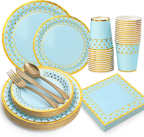 Image of Blue Gold Paper Party Supplies,350Pcs Golden Dot Paper Tableware Serve 50,Include Paper Plates,Napkins,Cups,Forks,Knives,Spoons,For Baby Shower,Boys Birthday,Anniversary