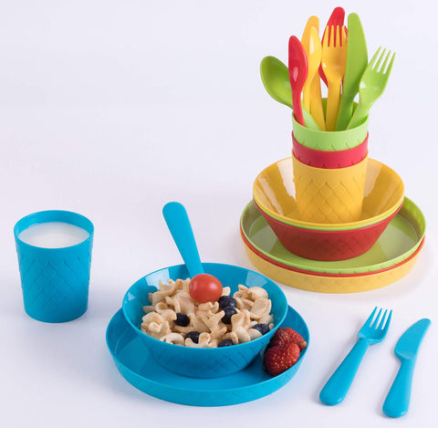 Image of Kids Dinnerware Set for 4 | 24 Piece Plastic Dishes Dinnerware Sets | Dinnerware Set Plastic 4 Plates, 4 Bowls, 4 Cups, 4 Forks, 4 Knives, and 4 Spoons