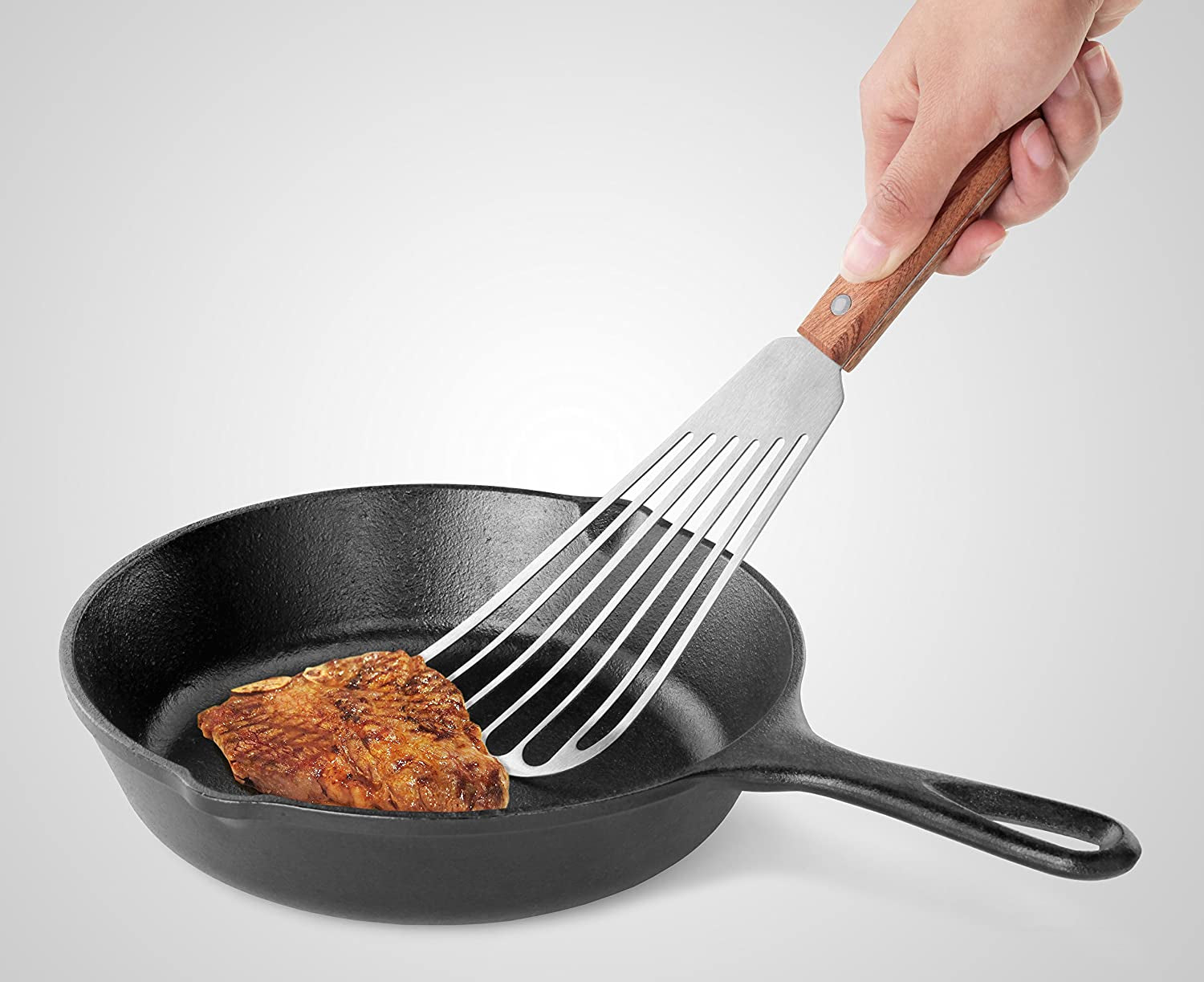 43068 Wood Handle Fish Spatula, 6.5" Blade, Silver