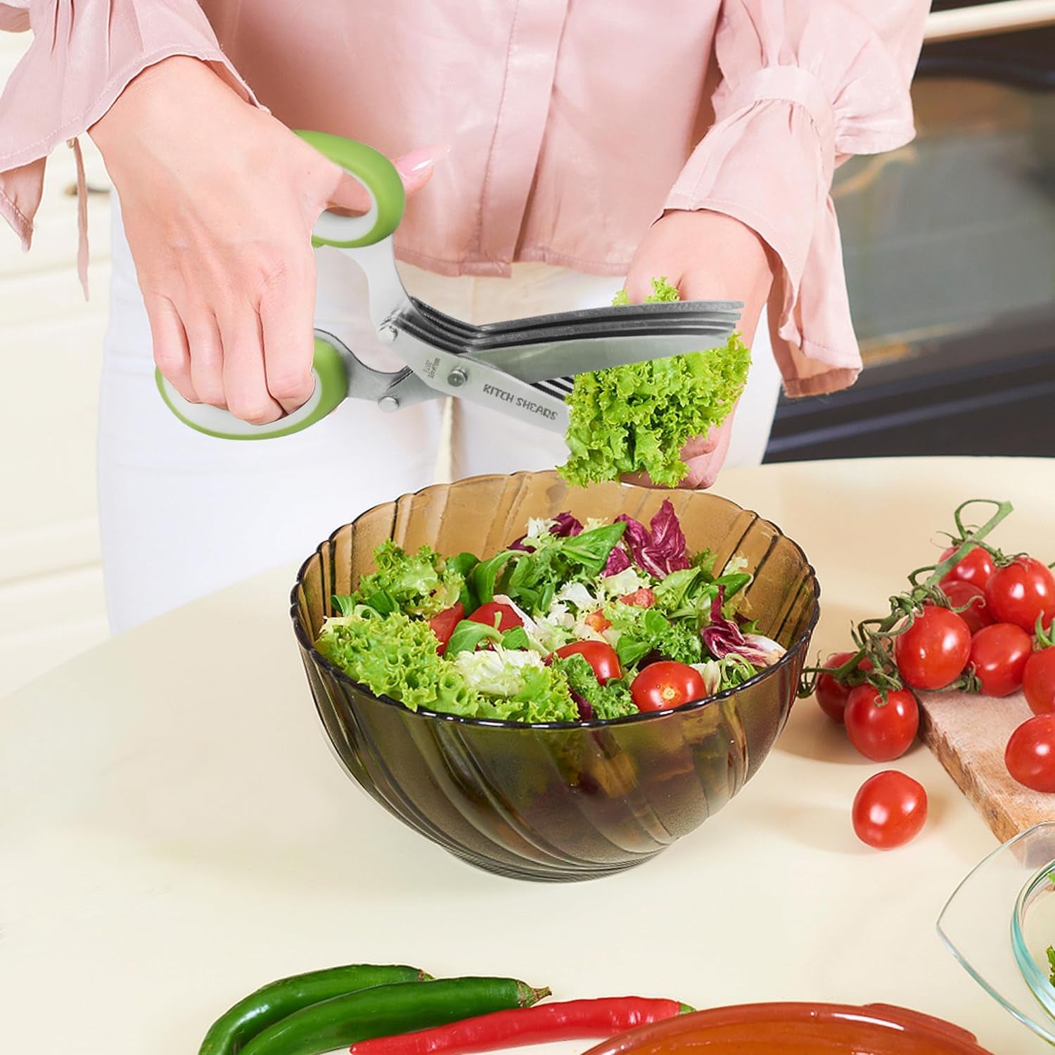 Kitchshears Herb Scissors with 5 Blades and Cover-Premium-Quality Herb Cutter Scissors Stainless-Steel & Easy to Clean- Heavy-Duty Vegetable Scissors for Chopped Salad & Mincing Meat-Bonus Herb Comb