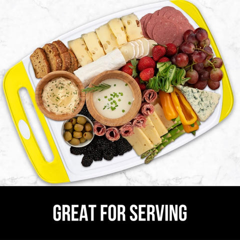 Image of The Original  Oversized 100% BPA Free Reversible Durable Kitchen Cutting Board Set of 3, Dishwasher Safe, Nonslip Handle Border Plastic Boards, Juice Groove, Chopping Food, Cooking, Yellow