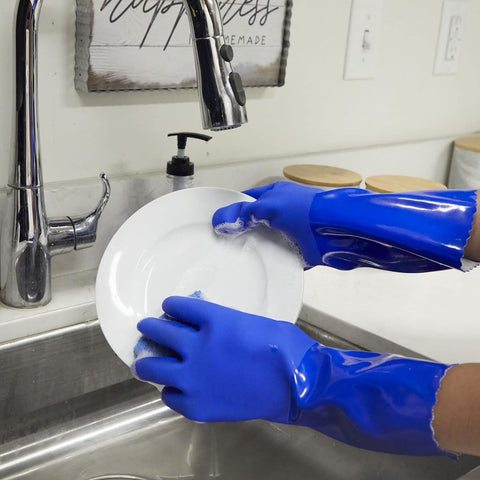 Image of 2 Pairs Rubber Household Cleaning Gloves for Kitchen Dishwashing, Cotton Lined (Blue)
