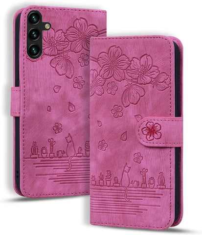 Image of Flip Case for Samsung Galaxy A24 6.5 Inch Cover, Premium PU Leather Magnetic Closure Case with Flip Wallet Stand Function Cover for Galaxy A24 - Cherry Cat Rose Red