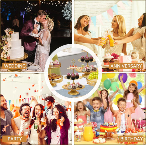 Image of Gold Cake Stand, Metal Dessert Table Display Set Tiered Cupcake Holder Fruit Candy Donut Plate Serving Tower Tray Platter with Tong, Cake Knife and Server Set for Wedding, Birthday Party Decor 11PCS