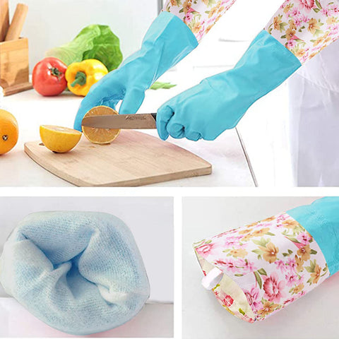 Image of Rubber Latex Waterproof Dishwashing Gloves,2 Pair Medium Long Cuff Flock Lining Household Cleaning Gloves