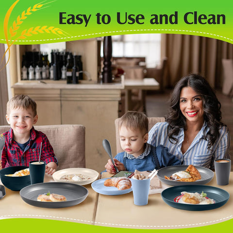 Image of 64 Pcs Wheat Straw Dinnerware Sets Unbreakable Plastic Plates Lightweight Bowls Dishes Cups Knives Forks Spoons Cutlery Dishwasher Microwave Safe for Camping Picnic Kid Adult (Classic Colors)