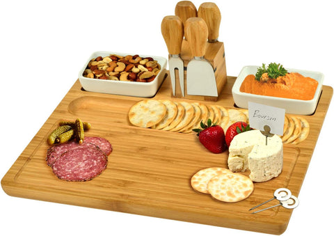 Image of Large Bamboo Cheese Board/Charcuterie Platter with 4 Stainless Steel Tools, 2 Ceramic Trays & Cheese Markers -16" X 13"- Designed & Quality Checked in USA