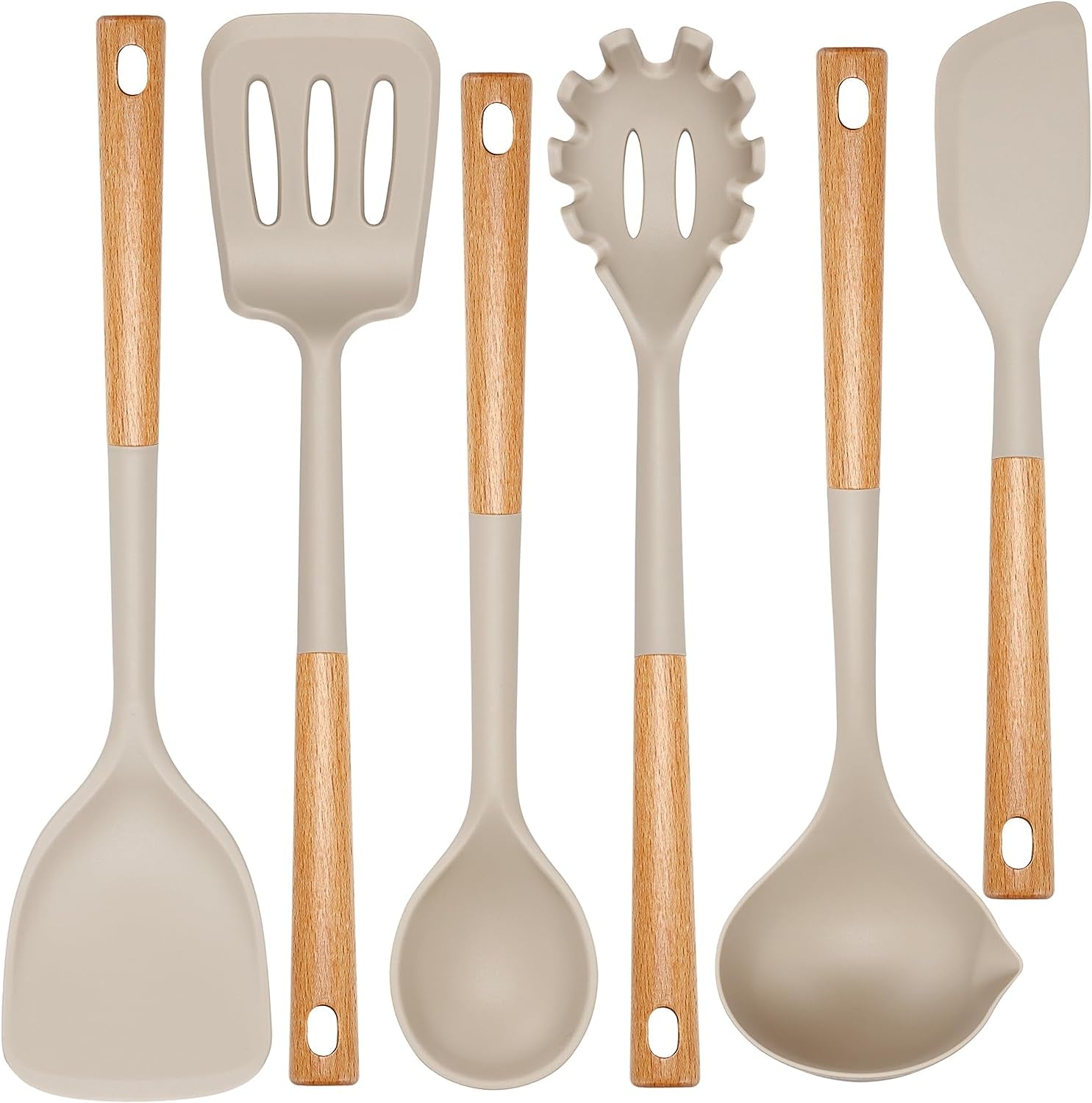Kitchen Utensils Set, Large Non-Stick Silicone Cooking Utensils Set 6 Pcs, Wooden Handle Heat Resistance Silicone Spatula Soup Ladle Pasta Server Kitchen Gadgets Utensils Set BPA Free (Khaki)