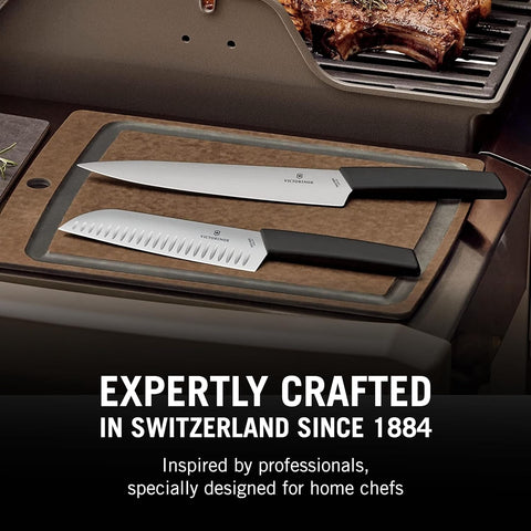 Image of 6.9053.17KB Swiss Modern Santoku Knife for General-Purpose Slicing, Dicing, Mincing, and Everything in between Fluted Edge Blade in Black, 6.7 Inches