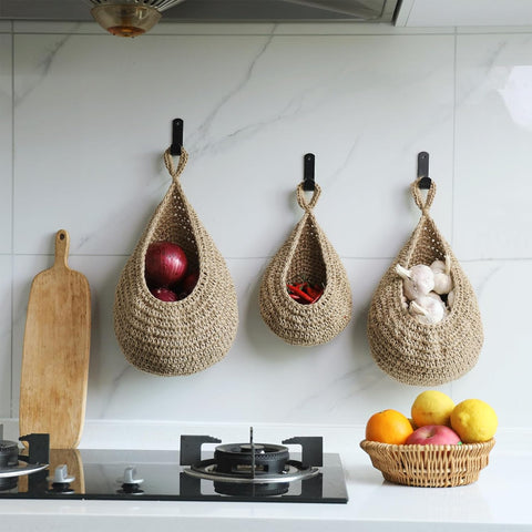 Image of Hanging Fruit Basket Set of 3, Boho Wall Hanging Storage Jute Basket for Organizing & Decor, Handmade Teardrop Hammock Holder for Onion Fruit Vegetable in Home & Restaurant Kitchen with Hooks