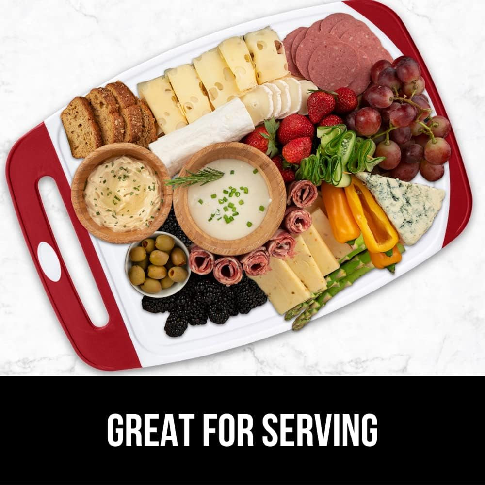 The Original  Oversized 100% BPA Free Reversible Durable Kitchen Cutting Board Set of 3, Dishwasher Safe, Nonslip Handle Border Plastic Boards, Juice Grooves, Chopping Food, Cooking, Red