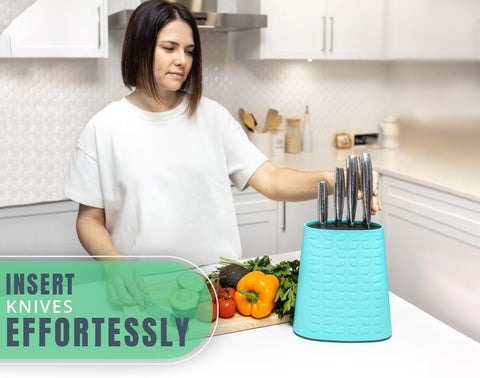 Image of Knife Block for Kitchen Storage W/Removable Bristles - Convenient & Secure Knife Stand for Holding Small & Large Knives- Blue