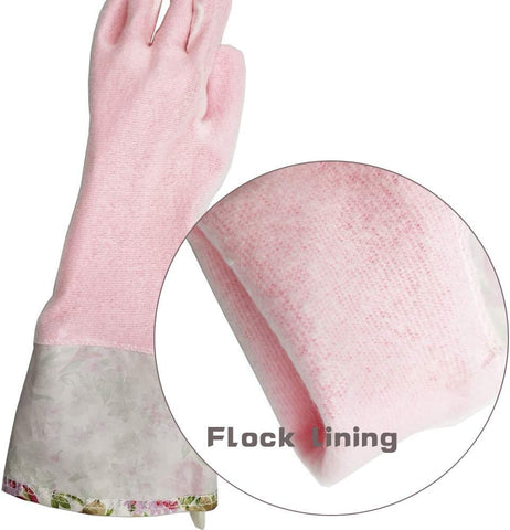 Image of Dishwashing Cleaning Gloves, 2 Pair Reusable Household Cleaning Gloves Long Cuff and Flock Lining