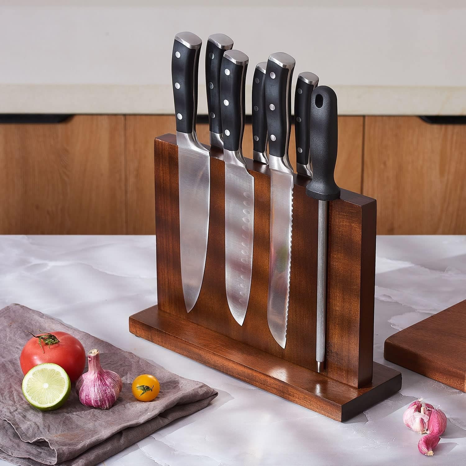 Magnetic Knife Block Kitchen Knife Holder without Knives- Natural Acacia Universal Knife Storage Organizer with Powerful Magnets for Kitchen Counter