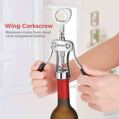 Image of Wine Opener, Zinc Alloy Wine Bottle Opener, Wing Corkscrew Heavy Duty, Manual Multifunctional Cork Screw for Waiter, Silver