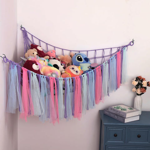 Image of Stuffed Animal Toys Hammock with LED Light, Stuffed Doll Hanging Corner Holder for Home Storage, Large Hanging Net -Display Teddies for Nursery and Kids’ Bedroom, Purple Decor Organizer