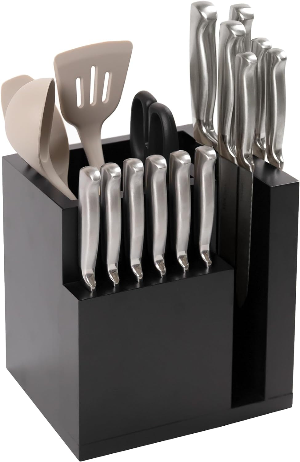 Bamboo Magnetic Knife Block and Cooking Utensil Holder, Sleek Storage for Chefs Knives, Steak Knives, Spatulas, Scissors, Non-Slip Rubber Feet, Easy to Clean, Food-Safe Black Finish