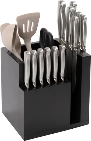 Image of Bamboo Magnetic Knife Block and Cooking Utensil Holder, Sleek Storage for Chefs Knives, Steak Knives, Spatulas, Scissors, Non-Slip Rubber Feet, Easy to Clean, Food-Safe Black Finish