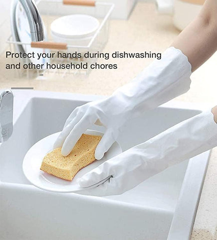 Image of 2 Pack Reusable Cleaning Gloves Latex Free - Dishwashing Gloves with Cotton Flock Liner and Embossed Palm - Waterproof Household Gloves for Laundry, Gardening(M)