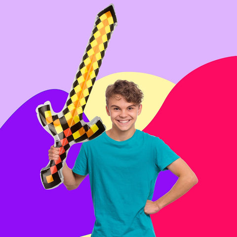 Image of 18 Pcs Inflatable Pixel Swords Blow up Lightsabers Axe Knife Pickaxe Hatchets Pirate Swords Set for Kids Halloween Cosplay Birthday Pool Beach Party Supplies