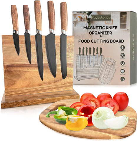 Image of - Magnetic Knife Block + Cutting Board for Kitchen | Magnetic Knife Holder with Strong Enhanced Magnets, Knife Block without Knives, 3 Rows of Magnetic Strips, Knife Holder | Set 2 in 1