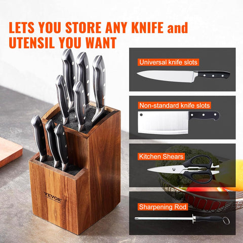 Image of Universal Knife Holder, Acacia Wood Knife Block without Knives, Two-Tier Knife Storage Stand with PP Brush, Extra Large Multifunctional Wooden Knife Organizer, Knife Rack for Kitchen Counter