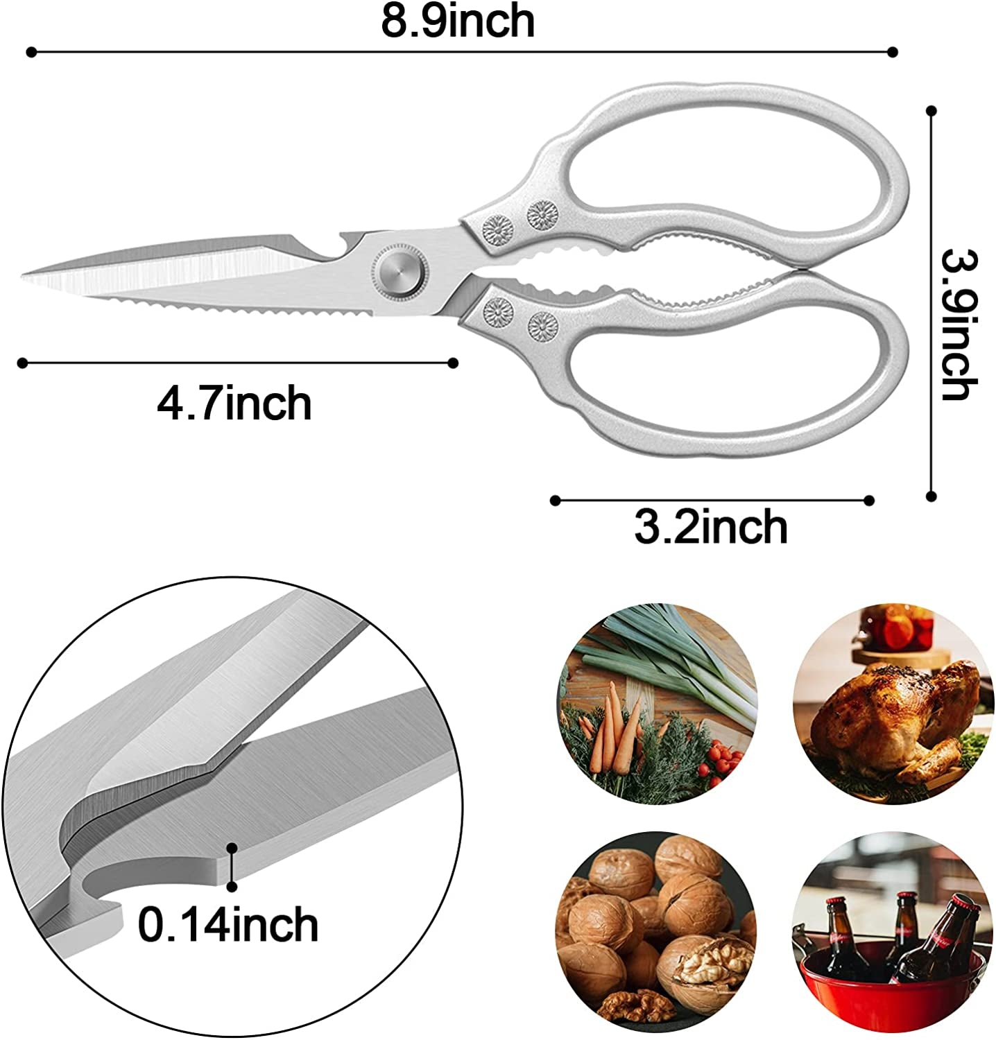 Kitchen Scissors,  Multi-Purpose Kitchen Shears, Heavy Duty Dishwasher Safe Food Scissors, Non Slip Stainless Steel Sharp Cooking Scissors for Kitchen, Chicken, Poultry, Fish, Meat, Herbs-Sliver