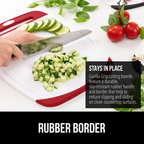 Image of The Original  Oversized 100% BPA Free Reversible Durable Kitchen Cutting Board Set of 3, Dishwasher Safe, Nonslip Handle Border Plastic Boards, Juice Grooves, Chopping Food, Cooking, Red