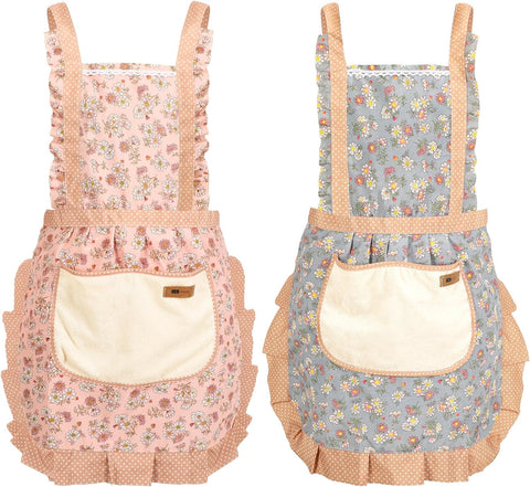 Image of 2Pcs Women Aprons with Pockets, Floral Apron Big Pocket Baking Mothers Day Gift Soft Chef Aprons for Kitchen Cooking Baking