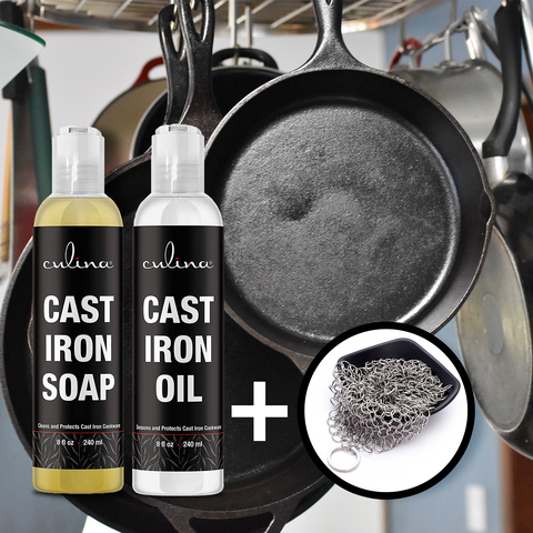 Image of Culina Cast Iron Soap Set | Conditioning Oil | Stainless Scrubber | All Natural Ingredients | Best for Cleaning, Non-stick Cooking & Restoring | for Cast Iron Cookware, Skillets, Pans & Grills!… - Livananatural