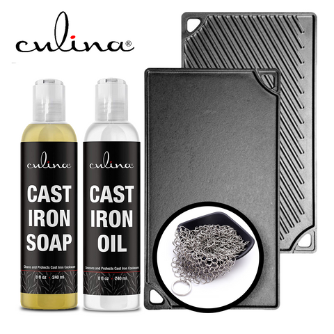 Image of Culina Cast Iron Soap Set | Conditioning Oil | Stainless Scrubber | All Natural Ingredients | Best for Cleaning, Non-stick Cooking & Restoring | for Cast Iron Cookware, Skillets, Pans & Grills!… - Livananatural