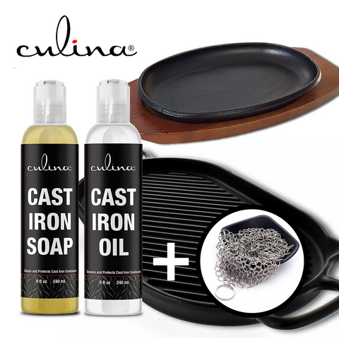 Image of Culina Cast Iron Soap Set | Conditioning Oil | Stainless Scrubber | All Natural Ingredients | Best for Cleaning, Non-stick Cooking & Restoring | for Cast Iron Cookware, Skillets, Pans & Grills!… - Livananatural