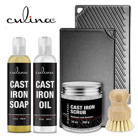 Image of Culina Cast Iron Soap Set | Conditioning Oil | Stainless Scrubber | Restoring Scrub | All Natural Ingredients | Best for Cleaning, Non-stick Cooking & Restoring | for Cast Iron Cookware, Skillets, Pans & Grills!… - Livananatural