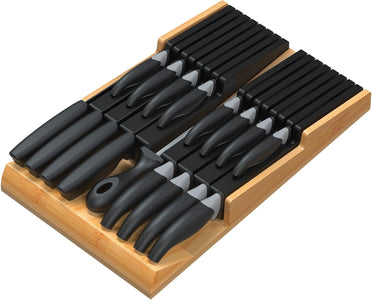 In-Drawer Knife Block Set without Knives, Kitchen Black Knife Holder Organizer, Drawer Steak Knife Block with Detachable Knife Slots, Large Knife Storage Rack for 16 Knives and Sharpener Rod