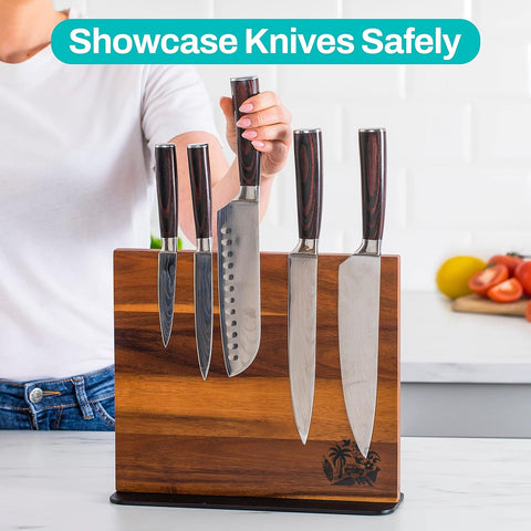 Image of Magnetic Knife Block Holder Rack - Acacia Wood Cutlery Storage for 12 Knives Double Sided Magnets & Non-Slip Base - Knives Not Included